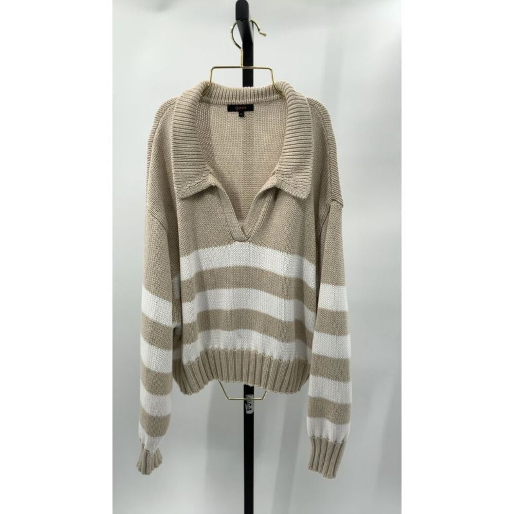 Quince Tan and White Striped Sweater